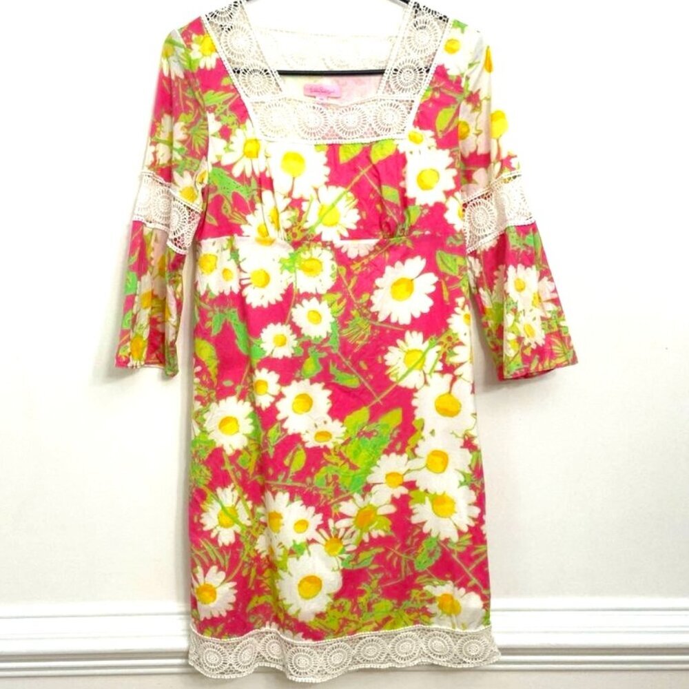 Lilly Pulitzer Dress Sz XS Pink White Yellow Green Floral Lace Trim Cotton